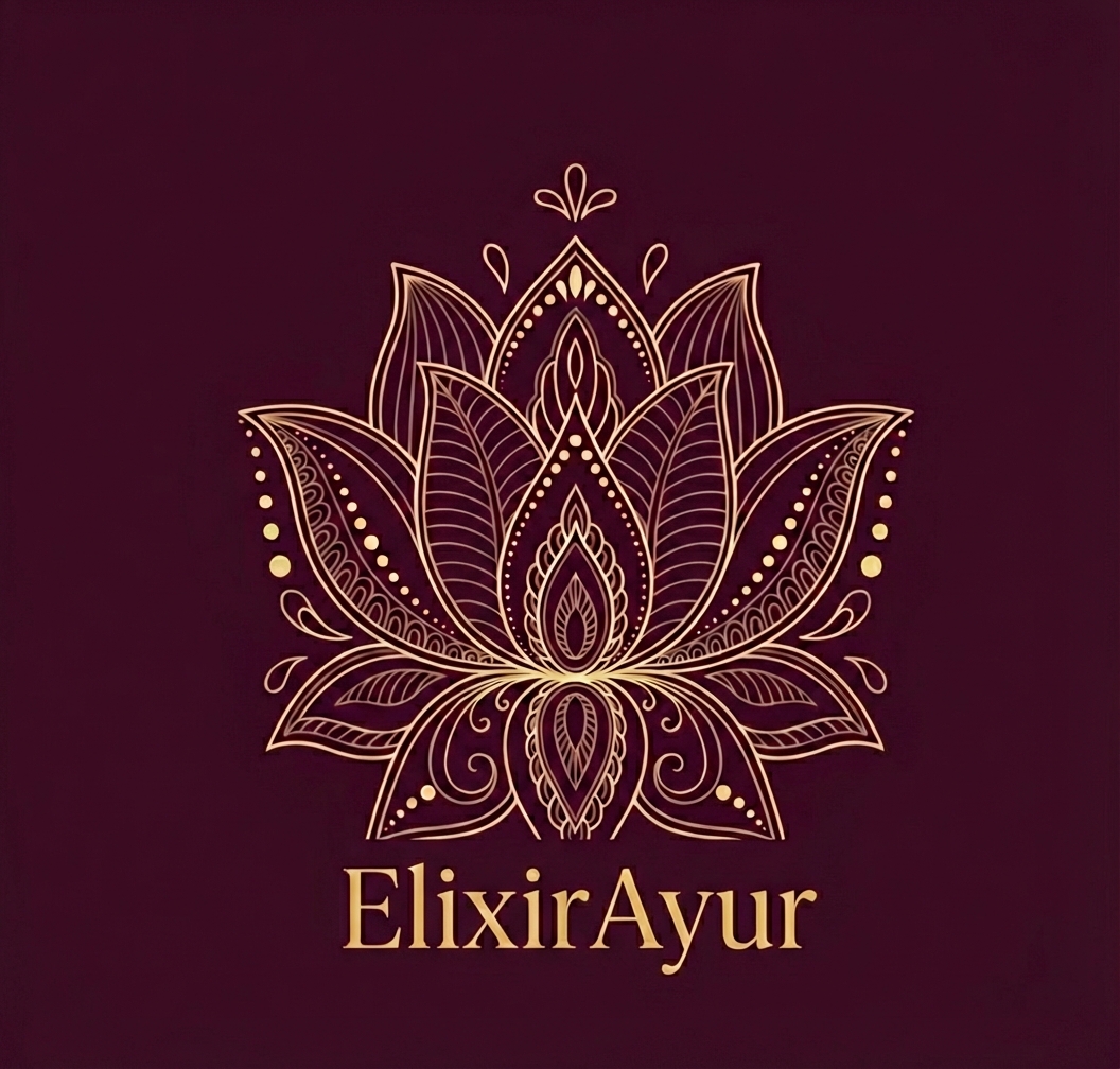 ElixirAyur logo: ornate golden lotus flower with intricate mandala patterns on deep purple background, embodying elegance and spiritual harmony